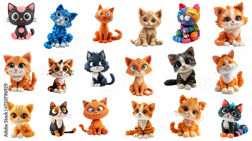 Collection of cats and kittens made of plasticine, art for children, kids craft. Transparent isolate background.