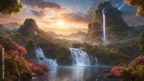 waterfall in the mountains Fantasy  A waterfall of stars  with a landscape of floating islands and clouds   