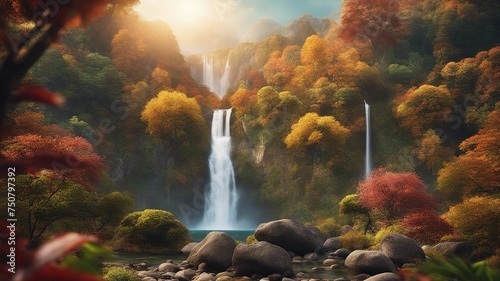 waterfall in autumn Fantasy waterfall of life, with a landscape of exotic trees and flowers, 