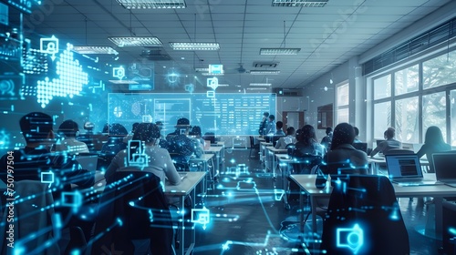 Futuristic Classroom Scene with Students and Computers