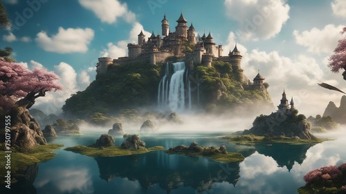 lake in the mountains Fantasy waterfall of dreams, with a landscape of floating islands and clouds, with a castle 