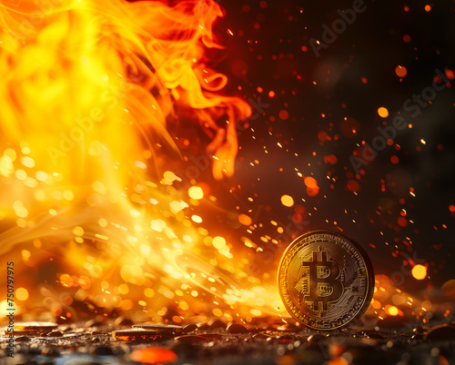 A Blazing Golden Bitcoin on Fire against a Black Backdrop. Blockchain Defi Crypto Web 3.0