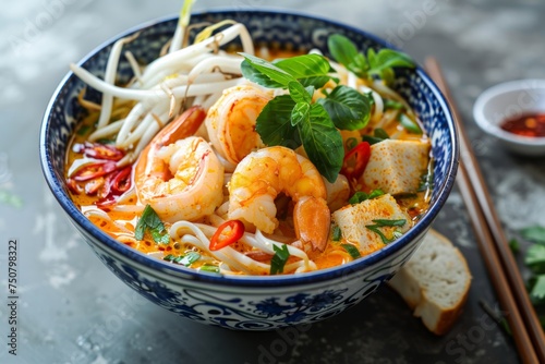 A colorful bowl of Singaporean Laksa, brimming with thick rice noodles, plump shrimp, slices of fish cake, and bean sprouts