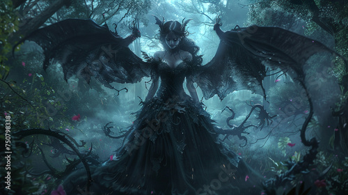 Lilith the Pulp Horror night queen enchanting yet deadly surrounded by her demonic offspring in a twisted forest