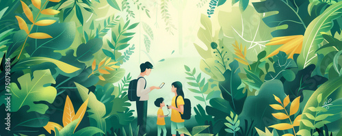 Illustration of a family using smart home devices to reduce their carbon footprint surrounded by greenery