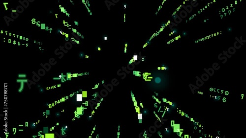 green Digital rain in black background, Animation backward matrix.
