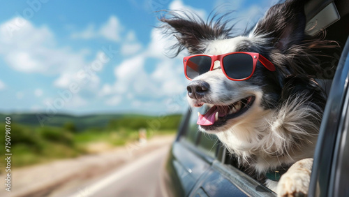 Happy Border Collie wearing sunglasses heads out of the car window when on the road trip © Infinindy