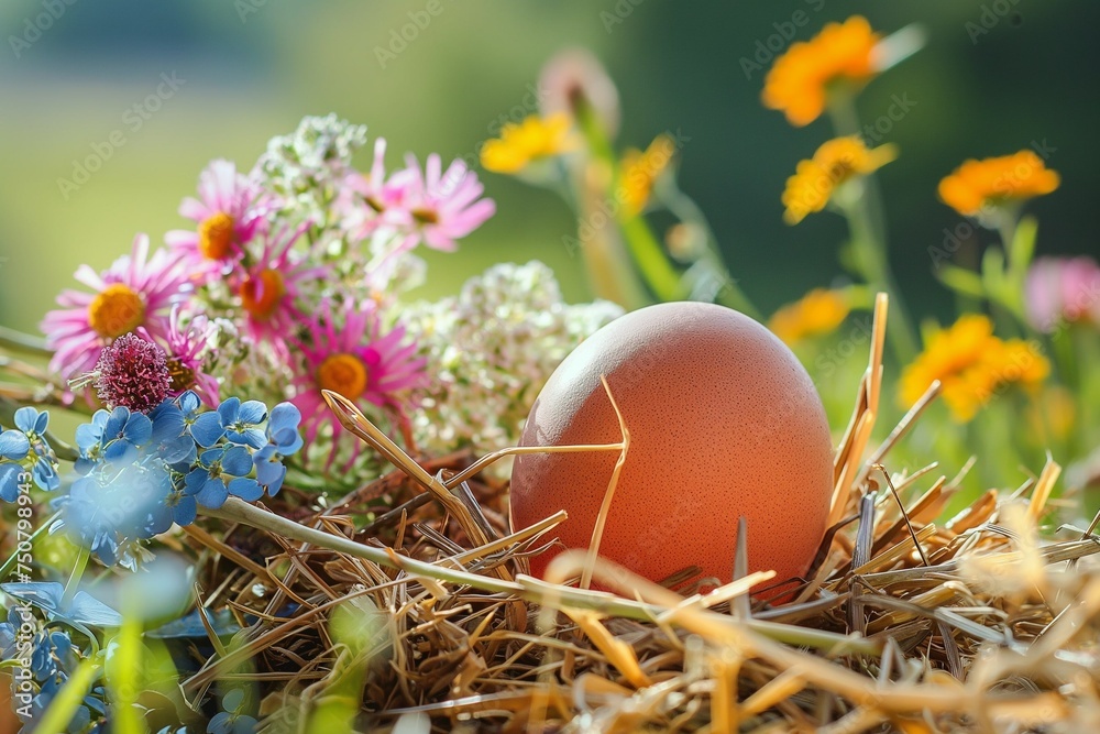 An egg in the hay among colorful spring flowers, a festive beautiful Easter background An egg in the hay among colorful spring flowers, a festive beautiful Easter background