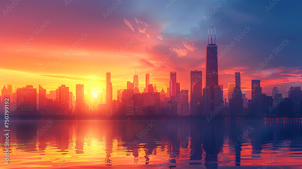 City skyline silhouette against a vibrant sunrise skyscrapers bathed in the early light reflecting ambition and a new beginning