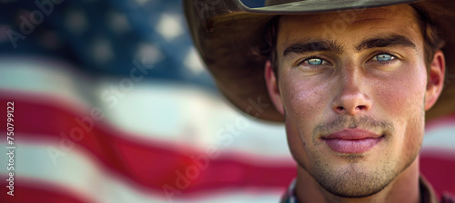  Cowboy in Front of the American Flag. Pride Homeland Love. Texan Patriot. Copy Space. photo