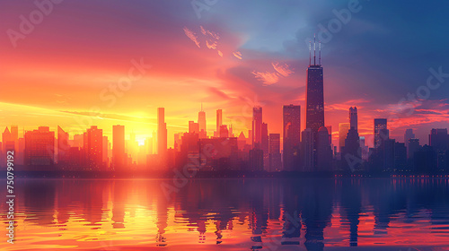 City skyline silhouette against a vibrant sunrise skyscrapers bathed in the early light reflecting ambition and a new beginning