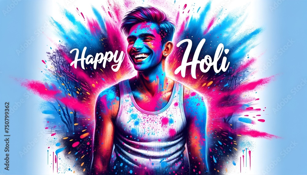 Illustration of a person celebrating the holi covered in vibrant blue and pink powders. Illustration of a person celebrating the holi covered in vibrant blue and pink powders.