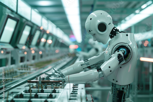A robot is working on a machine in a factory. The robot is white and has a human-like appearance. The scene is set in a factory, and the robot is surrounded by other machines