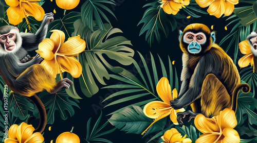 Bananas in a seamless tropical dance with playful monkeys and lush foliage bright and cheerful