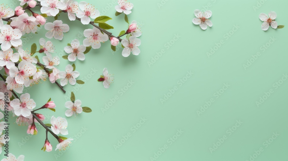 Pink Flowers Blooming on Green Background - obrazy, fototapety, plakaty 
