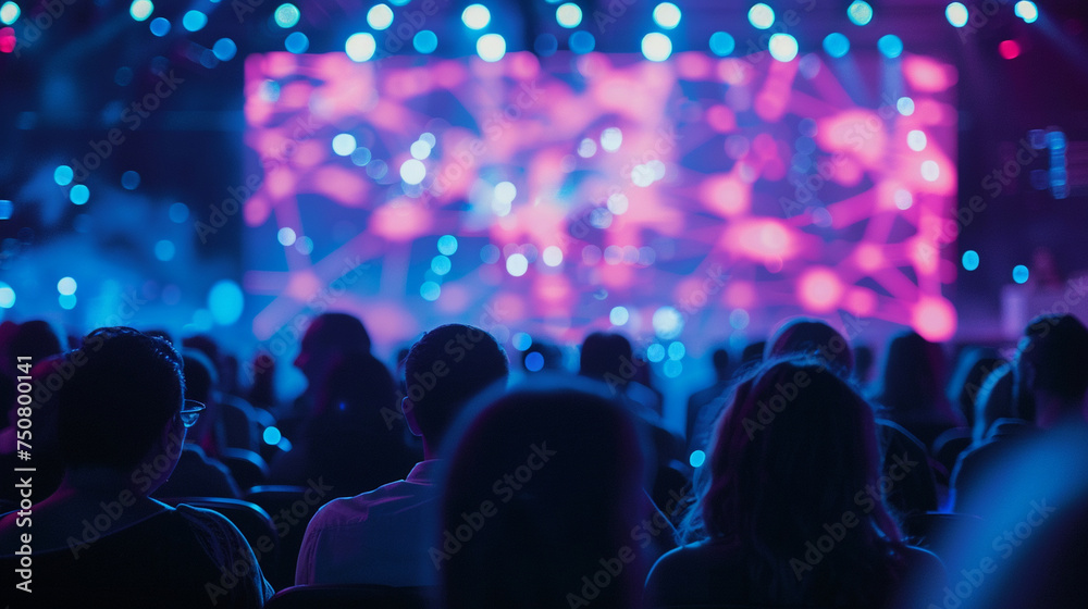 An audience of entrepreneurs at a startup event, captivated by an innovative product demonstration on stage, Leadership, Conference Event, blurred background, with copy space