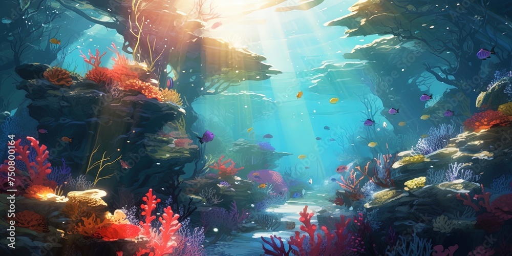 Tranquil underwater world with vibrant coral, small fish, and glistening sunlight filtering through water - obrazy, fototapety, plakaty 