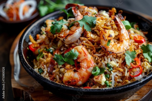 A mouthwatering display of Malaysian Nasi Goreng, boasting fragrant fried rice stir-fried with shrimp, chicken, egg, and a medley of spices