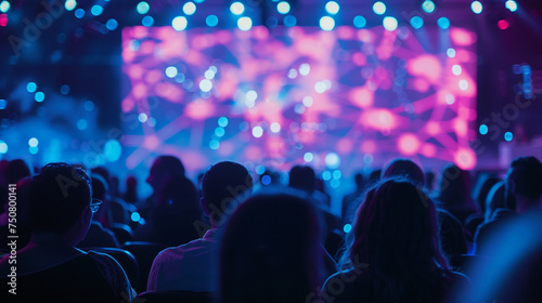 An audience of entrepreneurs at a startup event, captivated by an innovative product demonstration on stage, Leadership, Conference Event, blurred background, with copy space