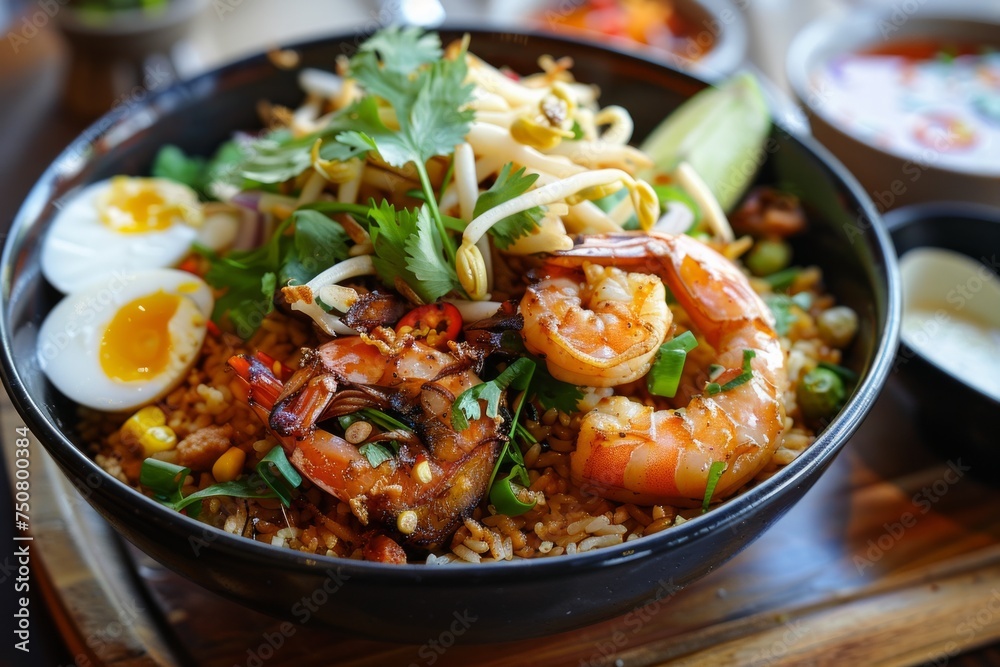 A mouthwatering display of Malaysian Nasi Goreng, boasting fragrant fried rice stir-fried with shrimp, chicken, egg, and a medley of spices A mouthwatering display of Malaysian Nasi Goreng, boasting fragrant fried rice stir-fried with shrimp, chicken, egg, and a medley of spices