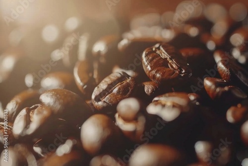 A soft-focus background of coffee beans in light, suggesting the freshness and handcrafted quality of the beans. This image could be used effectively in packaging design for specialty coffee  photo