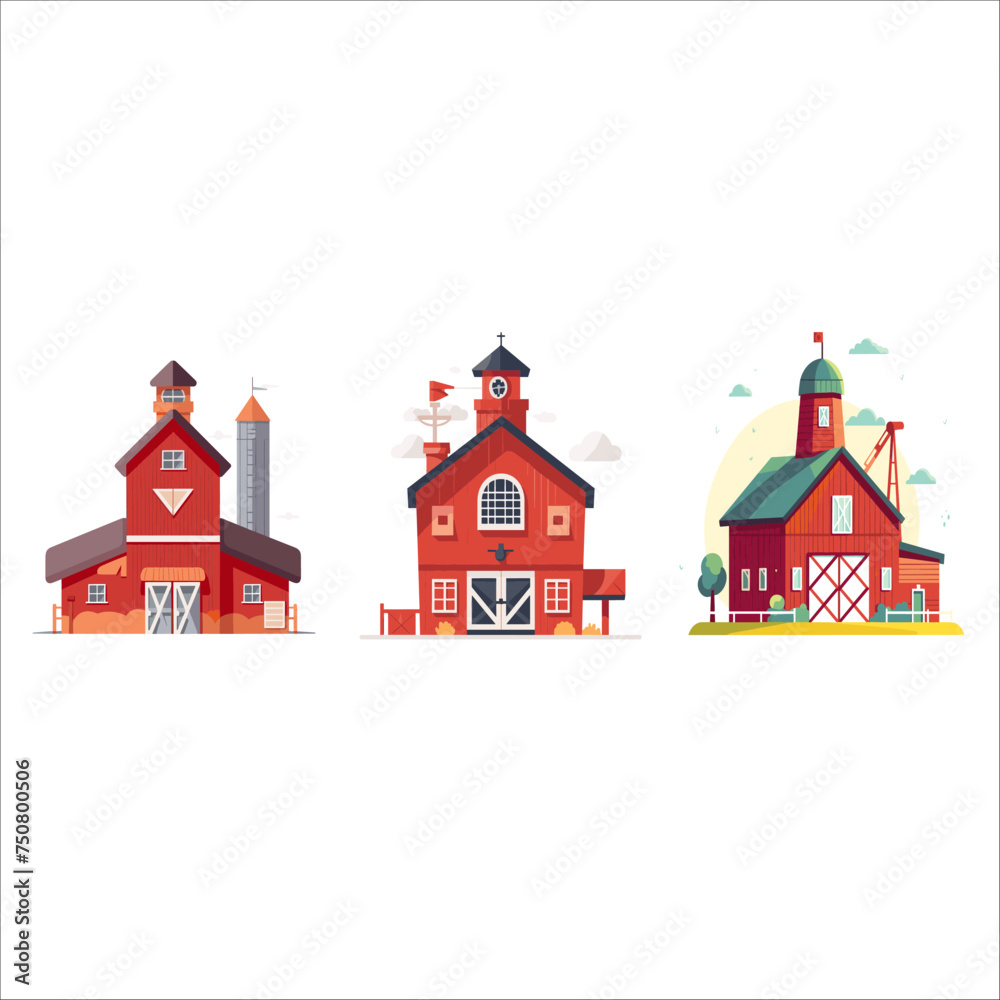 set of red barn house farm element