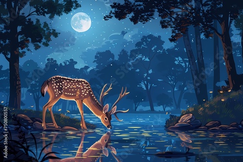 The shining deer drinks water from the pond