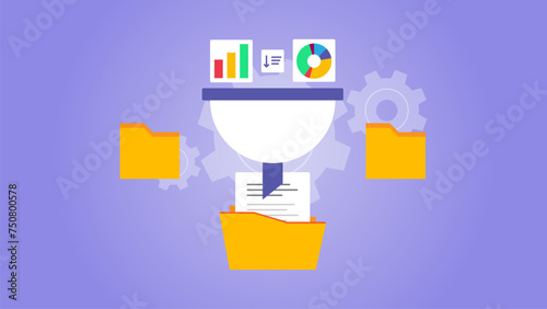 Powerful sorting vector illustration. Process of sorting data and inserting it into a data file. Vector illustration with purple background