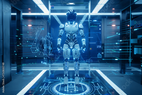 A robot is standing in a room with a blue background. The robot is surrounded by wires and circuits, giving the impression of a futuristic setting. Scene is one of technology and innovation.  photo