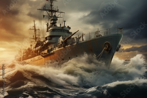 Powerful warship sinking in turbulent waves, representing intense struggle at sea
