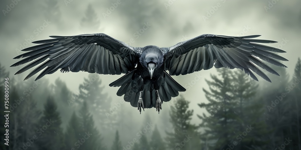Fototapeta premium Flying Raven with wings spread