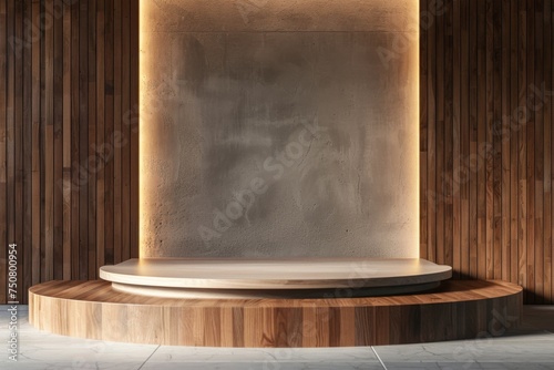 Podium stand studio tile wood room background 3d pedestal platform Kitchen background.Premium wooden clean brown tone scene minimalist style floor stage modern mockup base. with a vase for flowers