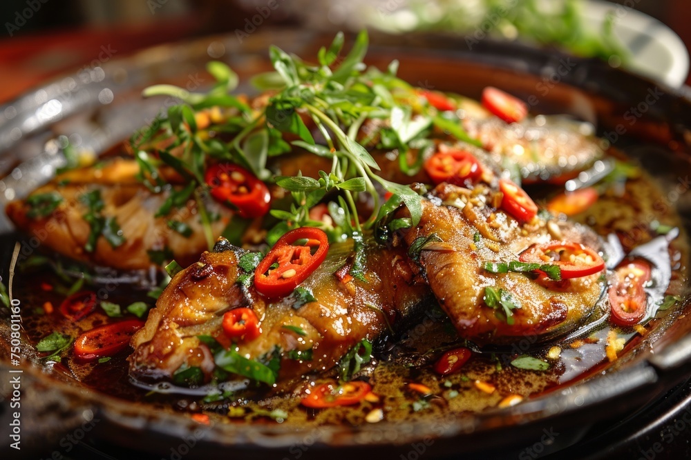 A sizzling plate of Vietnamese Caramelized Clay Pot Fish, presenting tender fish fillets simmered in a savory caramel sauce with garlic, ginger, and fish sauce A sizzling plate of Vietnamese Caramelized Clay Pot Fish, presenting tender fish fillets simmered in a savory caramel sauce with garlic, ginger, and fish sauce
