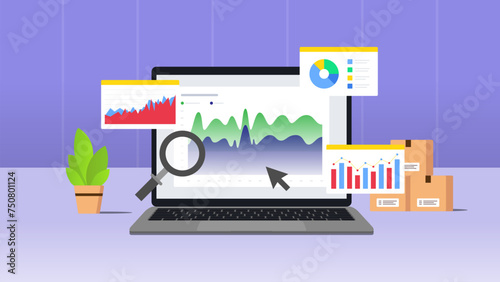 E Commerce Market Performance Illustration concept. Statistical and Data analysis for business finance investment concept. Vector illustration with purple background