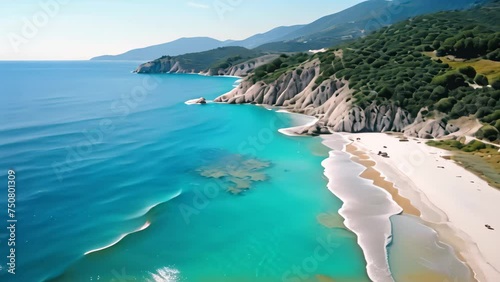 Aerial view of the beautiful beach in Kefalonia, Greece, Aerial flight with drone over famous beach of Kavalikefta on the island of Lefkada in the Ionian Sea in Greece, AI Generated photo