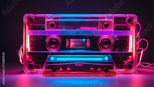 cassette with neon lights. nostalgia for the nineties. A music-listening audio cassette.