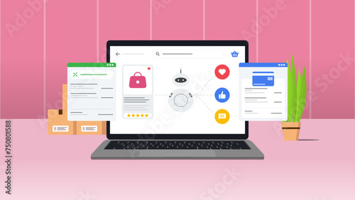 Concept of artificial intelligence e commerce marketing. Vector illustration with pink or red background