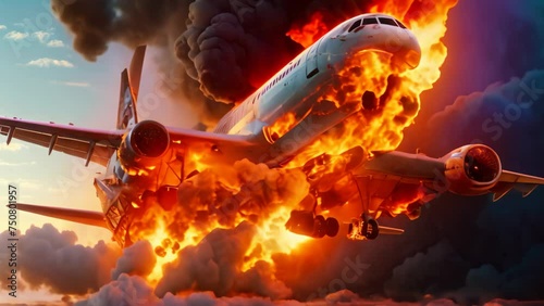 Airplane in the sky with smoke and fire. 3d illustration, Airplane with engine on fire, concept of aerial disaster, AI Generated photo