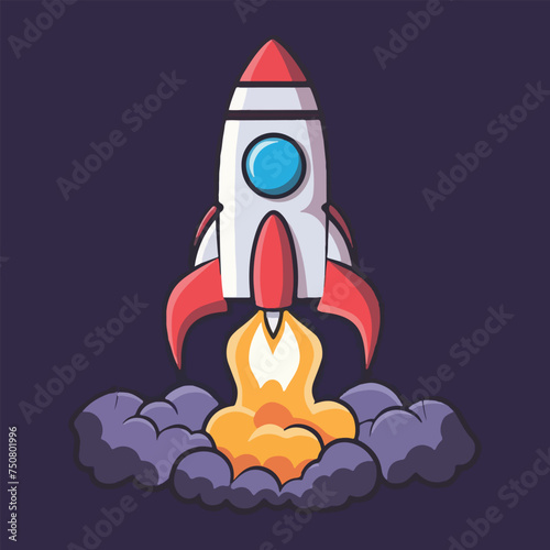 Vector cartoon rocket flying space rocket in space around the planets Spaceship launch.