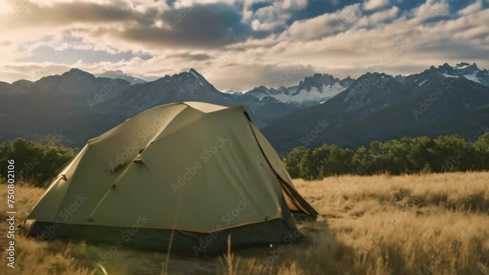Camping in nature. Tent with mountains in the background Camping in nature. Tent with mountains in the background