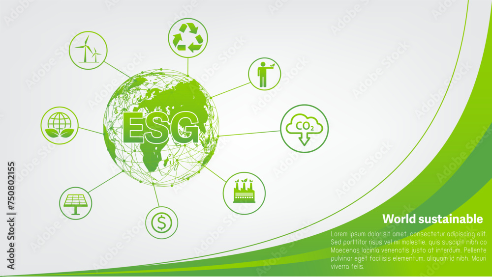 ESG Banner for Environment, Society and Corporate Governance, Contributions to environmental and social issues, World sustainable development, Vector illustration