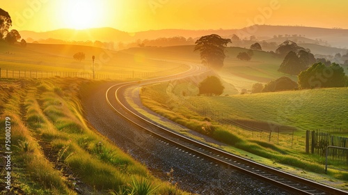 Sunrise over pastoral valley: Aerial perspective of a picturesque road and railway in the heart of the countryside, bathed in morning light - AI generated