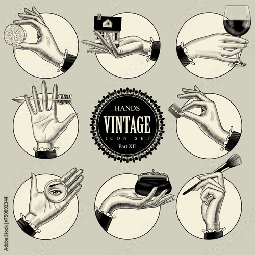 Set of round icons in vintage engraving style with hands and accessories. Retro business icons. Vector illustration