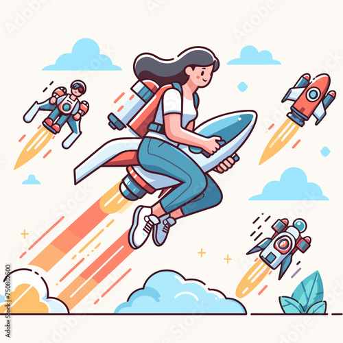 cartoon people race and fly with jetpack vector