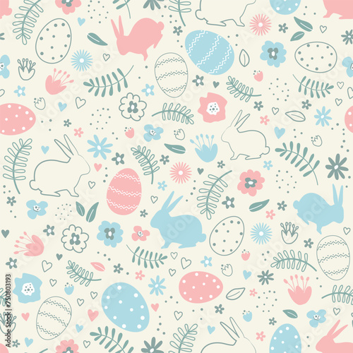 Easter Seamless Pattern with Easter bunnies, eggs, flowers, hearts, leaves. Happy Easter Abstract design. Vector illustration on beige photo
