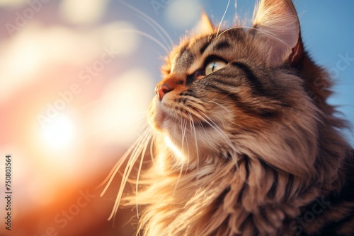 Close-up of adorable fluffy kitten with soft coat against bright, colorful background