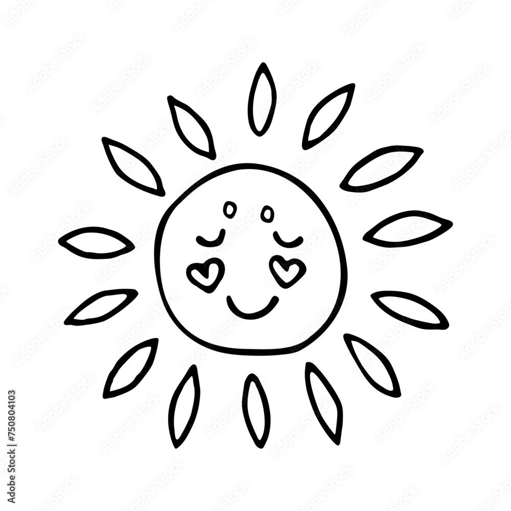 Fototapeta premium Doodle cute smiling sun. Abstract hand drawn vector minimalistic illustration on white background for design, logo, tattoo, card and invitation