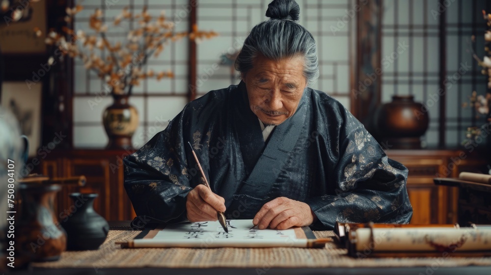 A master in traditional attire performing the delicate art of Asian calligraphy with a brush on white paper