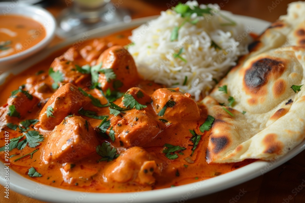 A tantalizing platter of Indian Butter Chicken, featuring tender pieces of chicken cooked in a creamy tomato-based sauce infused with aromatic spices A tantalizing platter of Indian Butter Chicken, featuring tender pieces of chicken cooked in a creamy tomato-based sauce infused with aromatic spices
