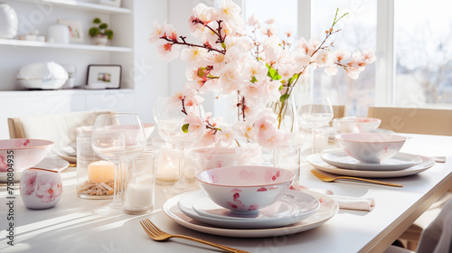 Modern kitchen with set of dishes pastel pink and cherry blossoms. Festive spring table setting in bright cozy kitchen